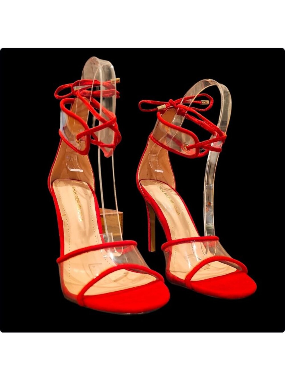 Strappy Red High Heels With Clear PVC Accents & Lace-Up Ankle Straps Stilettos